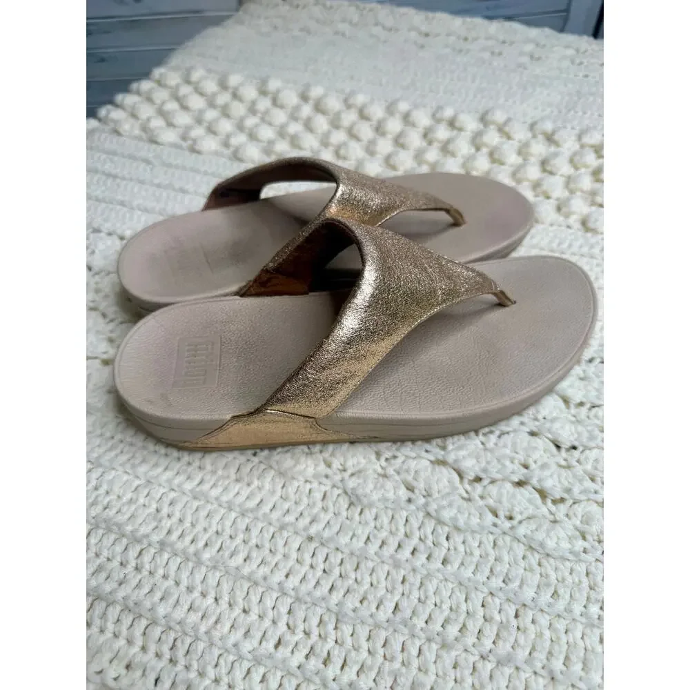 FITFLOP Women's 9 LULU Leather Toe Post Sandal Shoes Pink Rose Gold Glitter